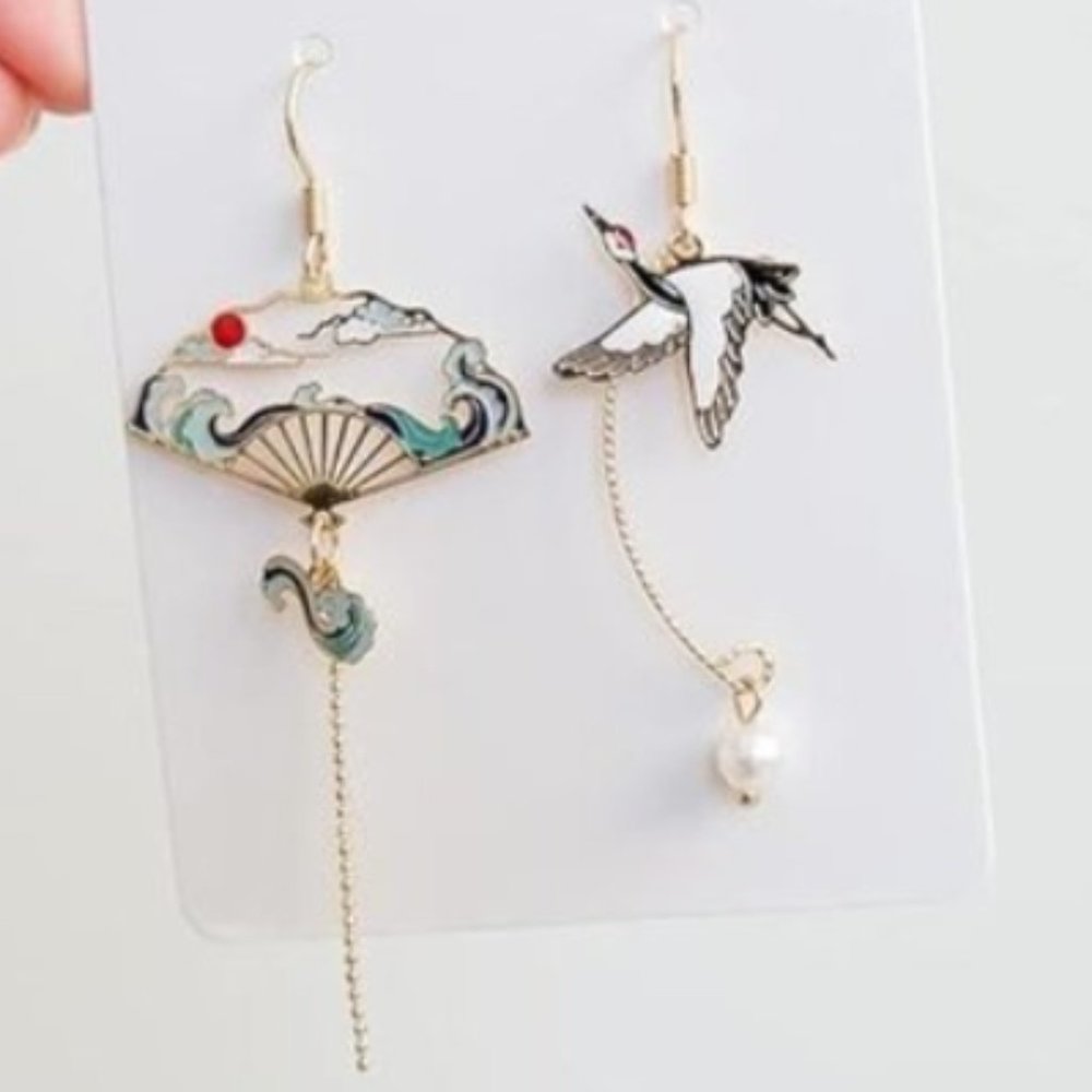 Chinese Style Folding Fan Crane Hanging Dangle Earrings Women Asymmetric…